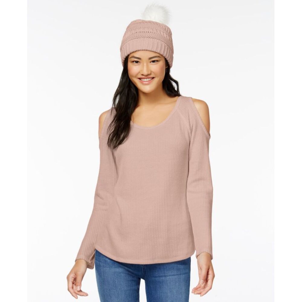 Self E Juniors Waffle Knit Cold Shoulder Top Faux Fur Trimmed Beanie